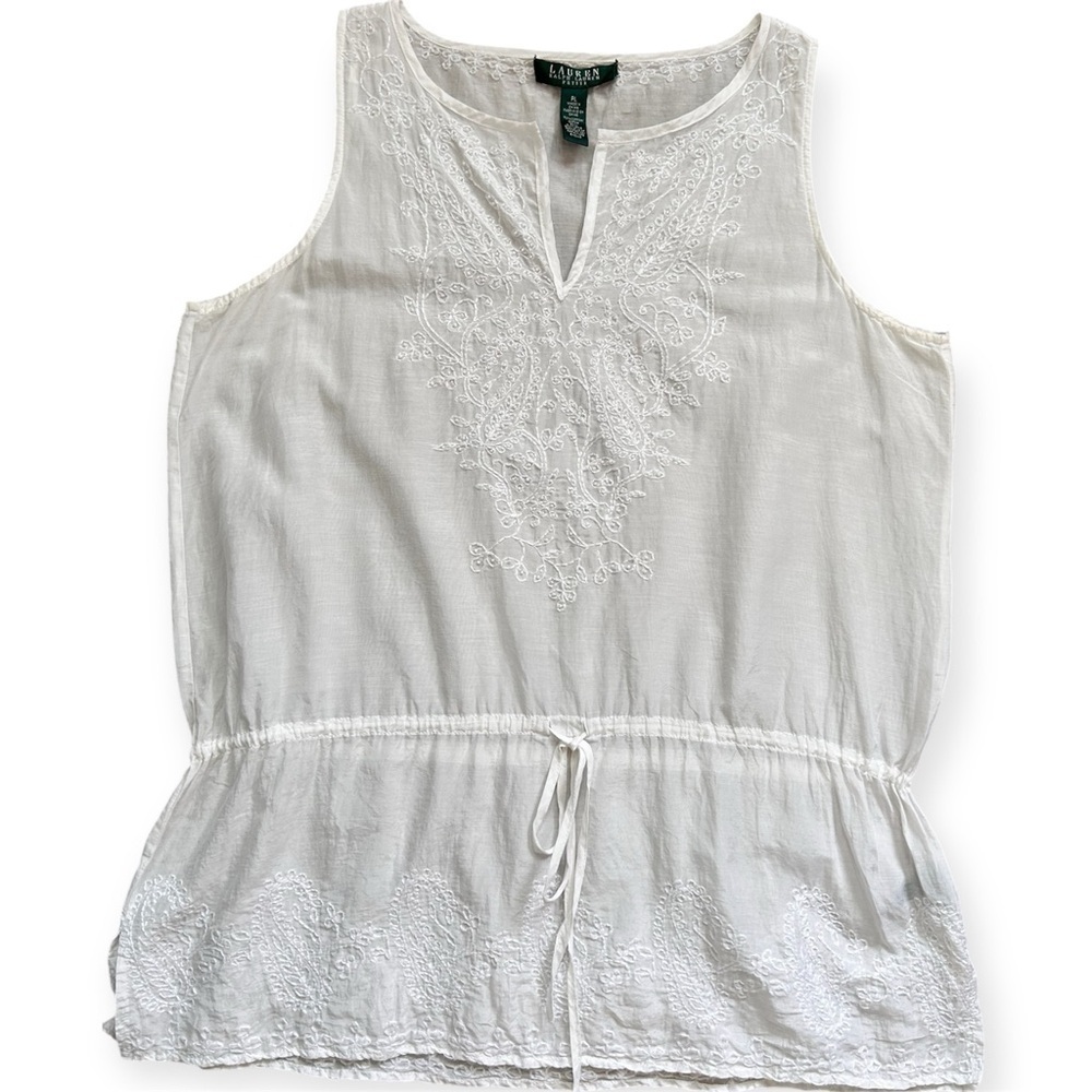 Lauren Ralph Lauren White Embroidered Cotton & Silk Blouse Women’s Petite Large